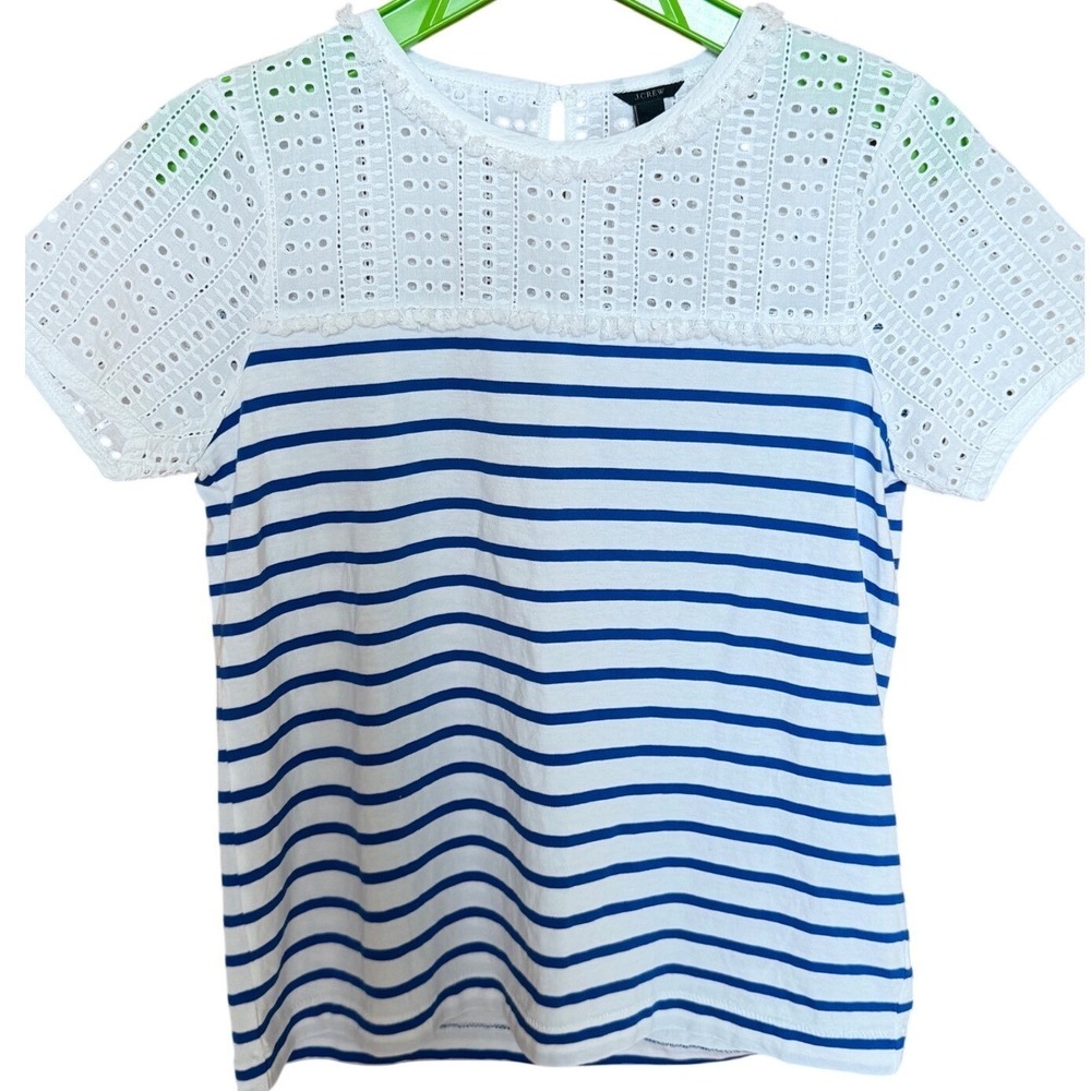 J.Crew Womens XS Mixed Media Eyelet Lace Striped Short Sleeve Top Blue White - Picture 3 of 10